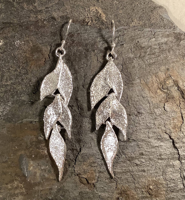 Reticulated silver leaf earrings long dangle