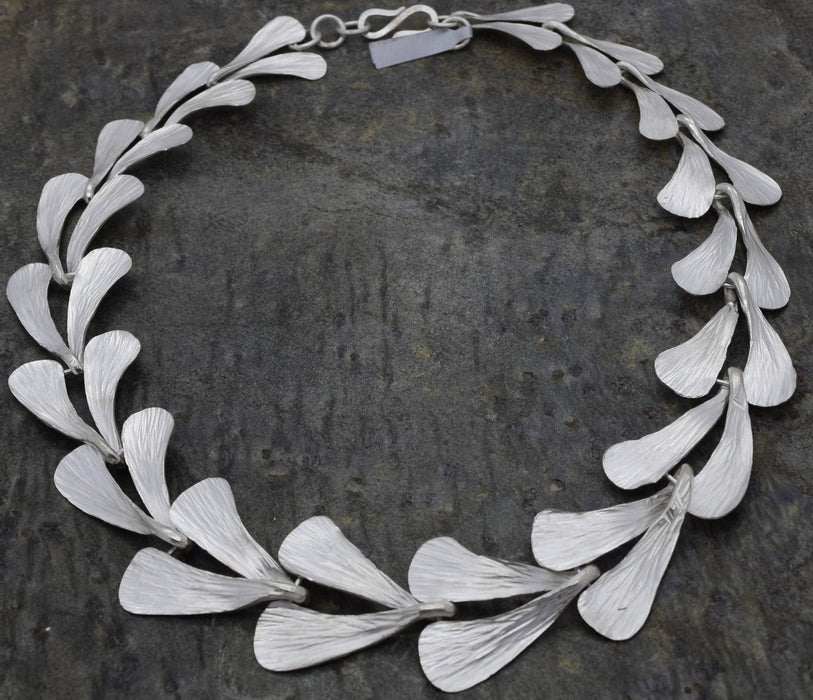 Hammered sterling silver leaf statement necklace handmade in Edinburgh