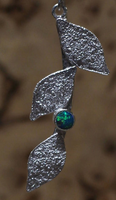 ruby emerald or opal reticulated sterling silver leaf design drop earrings